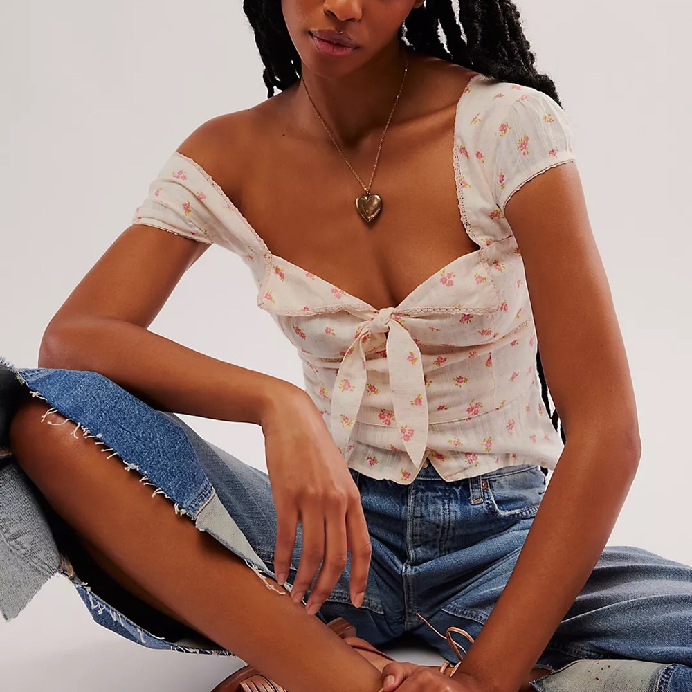 Free People Cream and Pink Blouse with Delicate Floral Design